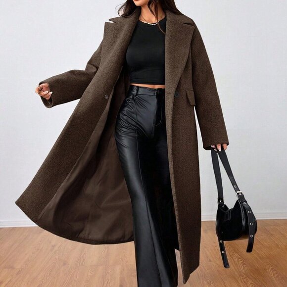 Coffee Brown Casual Women's Lapel Long Coat - Picture 1 of 6